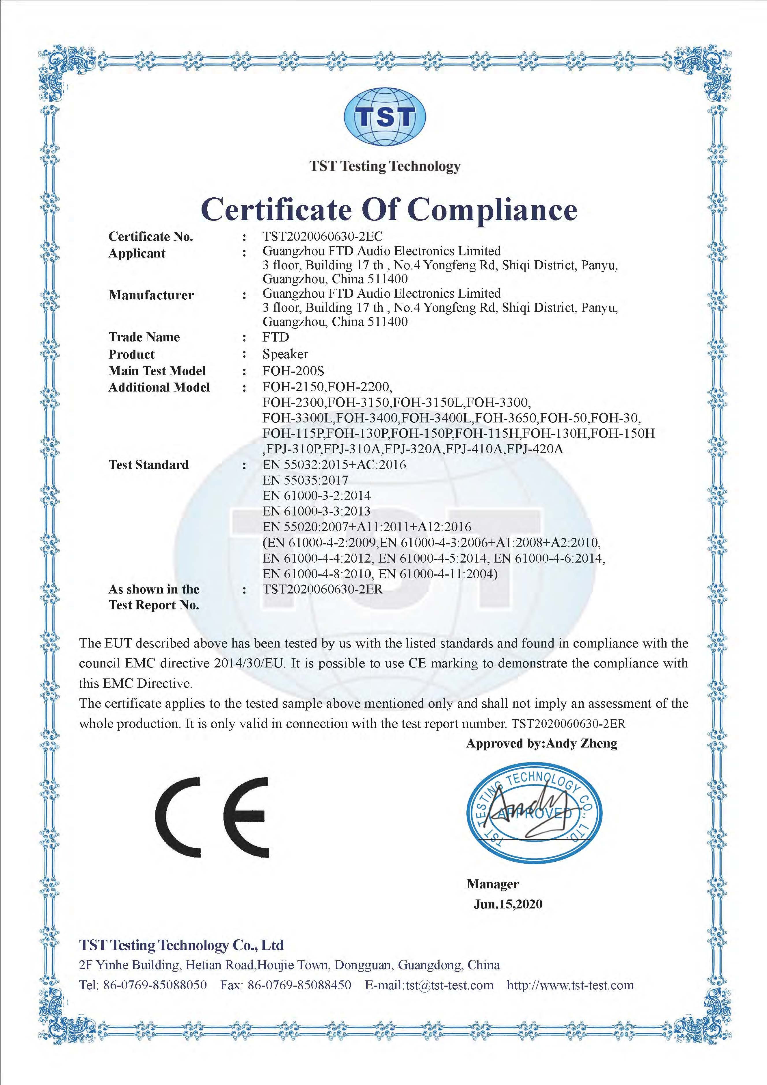 FTD horn speaker CE certificate